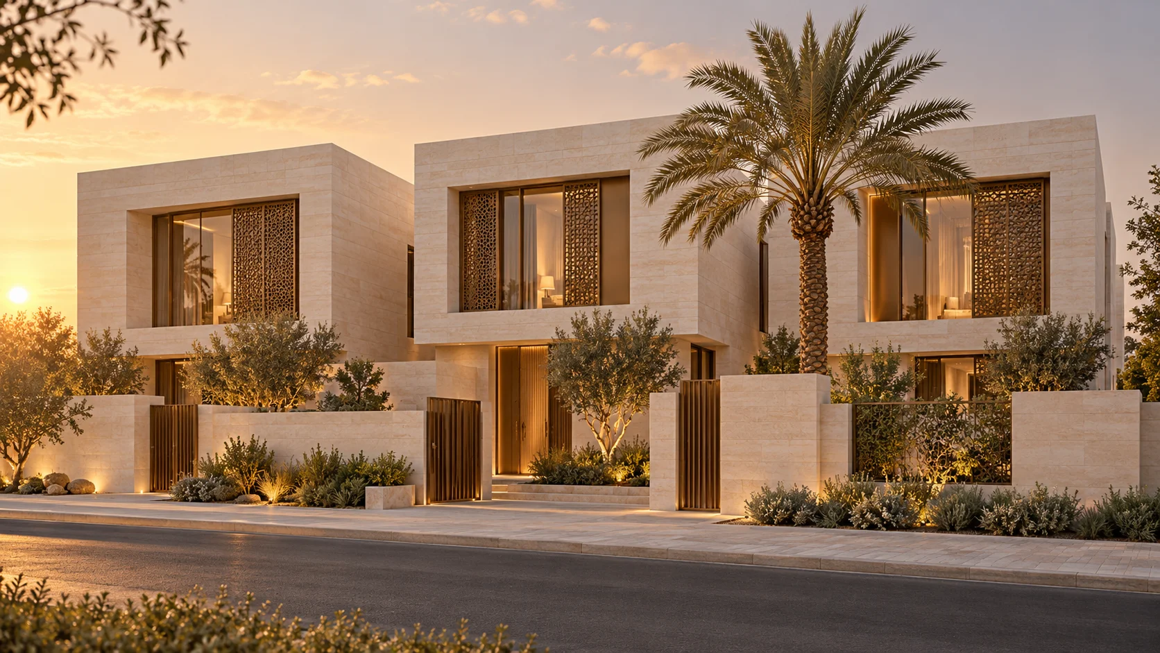 مساكن معاصرة بواجهات حجرية ونخيل